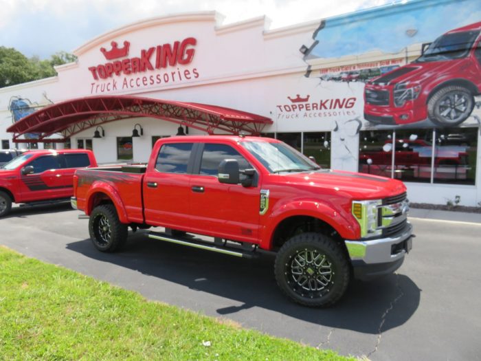 2019 Ford F250 with Fender Flares, Tool Box, Nerf Bars, Graphics, Bedliner, Hitch, Tint. Call TopperKING Brandon 813-689-2449 or Clearwater FL 727-530-9066!